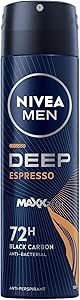 NIVEA MEN Antiperspirant Spray for Men, DEEP Black Carbon Antibacterial, Espresso Scent, 150ml