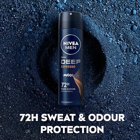 NIVEA MEN Antiperspirant Spray for Men, DEEP Black Carbon Antibacterial, Espresso Scent, 150ml